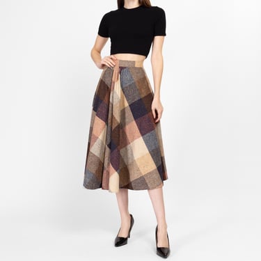 Medium 70s Earth Tone Flecked Plaid Schoolgirl Midi Skirt 27.5