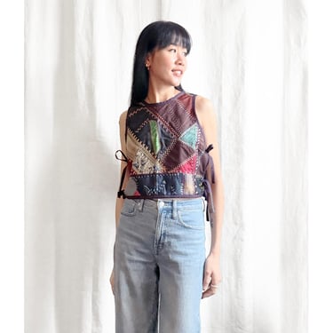 Quilt Bib Tank - vintage 1930s crazy quilt black dark red navy silk women's cropped vest sleeveless all-season side tie top one-of-a-kind 