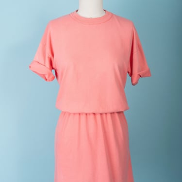 Vintage 80s Coral Cotton T-Shirt Mini Dress with Gathered Waist (XS/S/M) 