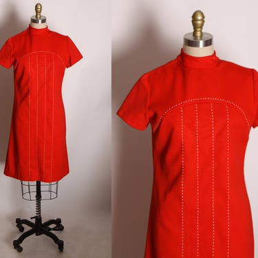 1960s Red and White Contrast Stitching Polyester Short Sleeve Mini Dress by Kenny Classics -S 