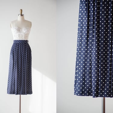 navy blue polka dot skirt | 80s 90s vintage dark blue white swiss dot cute cottagecore midi skirt 