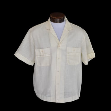 Vintage 70s D' Gala of Florida Camp Shirt, 1970s Cream White Rayon Blend Button Front, Size Large 