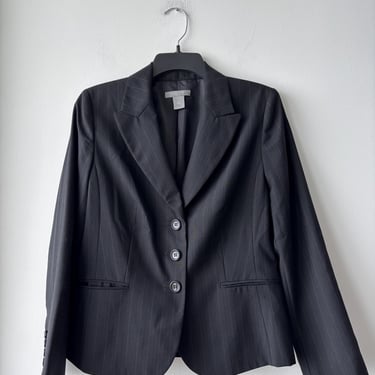 Vintage Ann Taylor Blazer Black Pinstripe Wool Blend 3 Button Womens 10P Career 