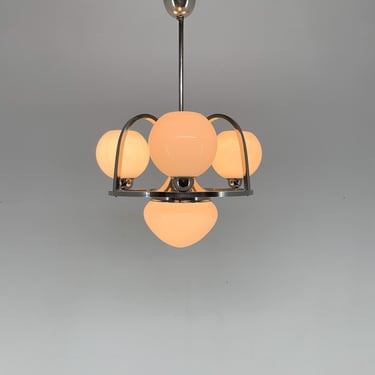 Art Deco Chrom & Milk Glass Chandelier, Restored, 1930's 