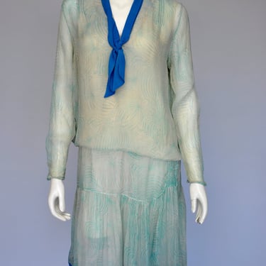 antique 1920s blue silk chiffon floral print drop waisted dress with tie XS/S 