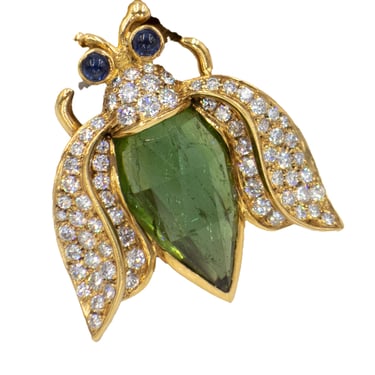 18K Yellow Gold Beetle 2 Pin Fur Clip, Diamonds and Sapphire Eyes, Italy