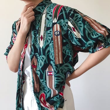 vintage unisex shirt vintage blouse boat kayak canoe floral tropical button down boxy boyfriend style black green beach vacation size M 