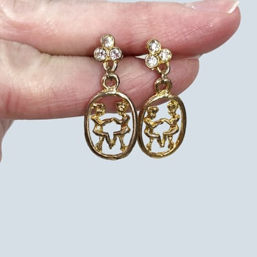 VINTAGE 70s Gemini Twins Folie a Deux Gold Pierced Rhinestone Earrings | 1970s Zodiac Jewelry Statement Gift Bezel Set Earrings | VFG 