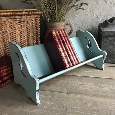 French Painted Book Shelf, Desk Top, Wooden Book Trough, Miniature Library Shelf, Table Top, Blue Green Color 