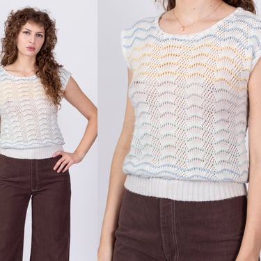 Vintage Cap Sleeve Scalloped Striped Open Knit Top - Medium | 80s Boho Cropped Sweater Shirt 
