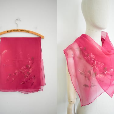 Vintage Deep Fuchsia Chiffon Scarf with Asian Painted Scene 