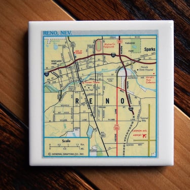1981 Reno Nevada Map Coaster. Nevada Gift. Reno Coaster. City Gift. University of Nevada. Vintage Map. Barware Gift. Poker Décor. Travel US. 