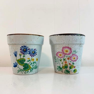 Vintage Gray Speckled Planter Blue Pink Flowers Floral Pottery Pot Indoor Plant 1970s 