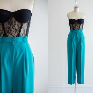 high waisted pants | 80s vintage teal green silky pleated straight leg trousers 