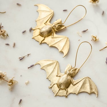gold bat earrings, big brass earrings, gothic witchy Halloween spooky weird earrings, statement jewelry 