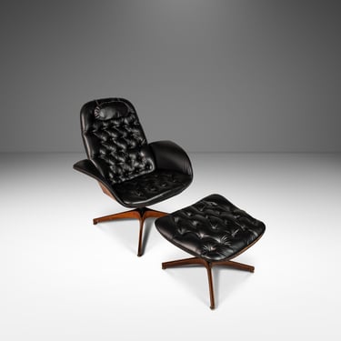 Mid-Century Modern Bentwood Lounge Chair & Ottoman Set by George Mulhauser for Plycraft in Tufted Black Vinyl, USA, c. 1960s 