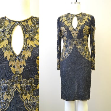 1980s Gold and Black Beaded Cocktail Dress with Keyhole 