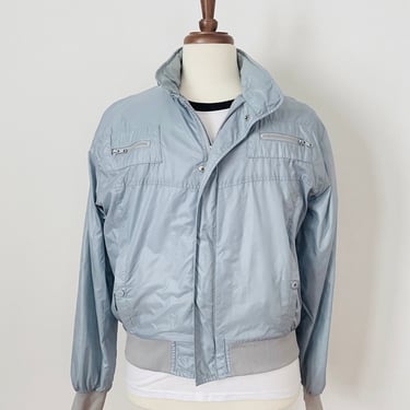 Vintage Light Blue / Gray Bomber Jacket / Hood/  1980s / FREE SHIPPING 