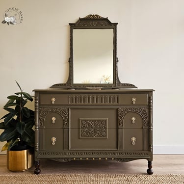 Refinished Dark Academia Ornate Vintage Dresser with mirror ****please read ENTIRE listing prior to purchasing SHIPPING is NOT free 