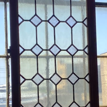 Yellow and White Stained Glass w Mahogany Frame