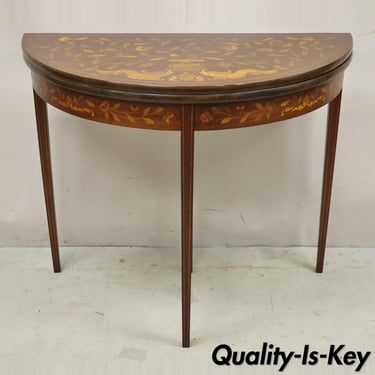 Antique Dutch Marquetry Inlay Flip Top Demilune Console Game Table