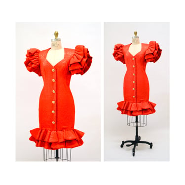 80s 90s Vintage Red Ruffle Party Dress by Lillie Rubin// 80s Red Cocktail Prom Party Dress Red Rhinestone buttons Dress Ruffles Small Medium 
