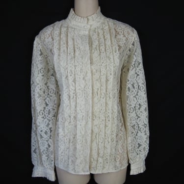 1970s ivory lace blouse ruffle neck pleated bodice XL 