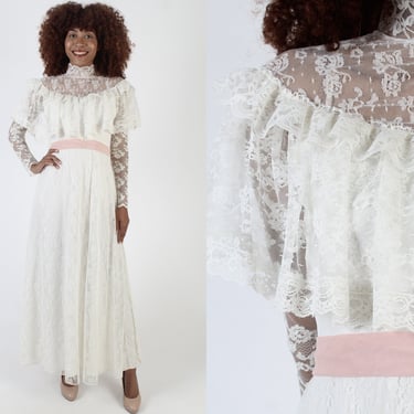 Off White Floral Lace Wedding Maxi Dress, Vintage 70s Sheer Bridal Gown, Victorian Bridesmaids Capelet Prairie Dress 