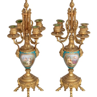 Pair of French Gilt Metal & Blue Porcelain Candelabra