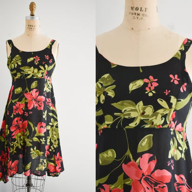 1990s Black Floral Asymmetrical Hem Dress 