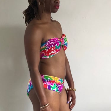 90s Oscar de la Renta bikini / vintage neon tropical floral two piece bandeau strapless bikini swimsuit bathing suit | Medium 