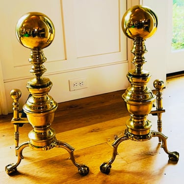 Antique Brass Ball Finial Andirons with Paw Feet