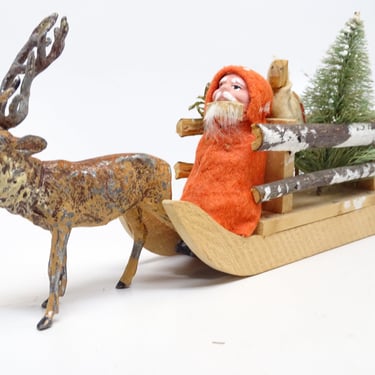 Antique 1930's German Santa on Sled with Sheep, Reindeer & Christmas Tree, Vintage Wooden Holiday Sleigh 