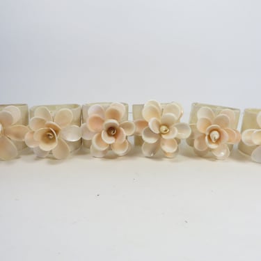 Vintage Mother Of Pearl Shell Flower Napkin Rings Set Of Six 