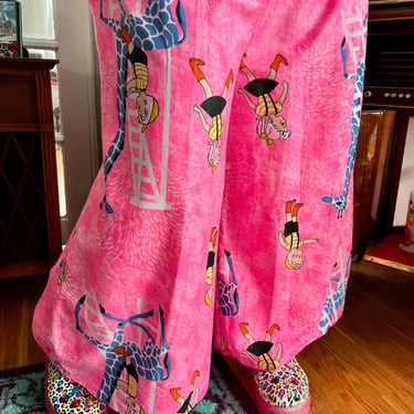 LBV Handmade 70’s Polished Cotton Pink Zoo Kids Double Elastic Waistband Wide Leg Palazzo Pants 4X