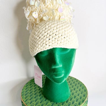 1960s Made in Italy Cream Wool Sequin Beanie Hat