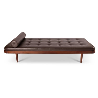 Vintage Mid-Century Modern Teak Daybed in Tufted Brown Leather 