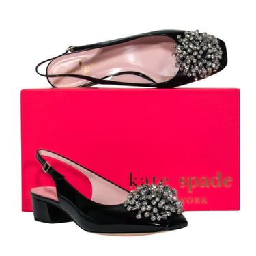 Kate Spade - Black Patent Leather 'Maren' Slingback Block Heels w/ Rhinestone Pomps Sz 8