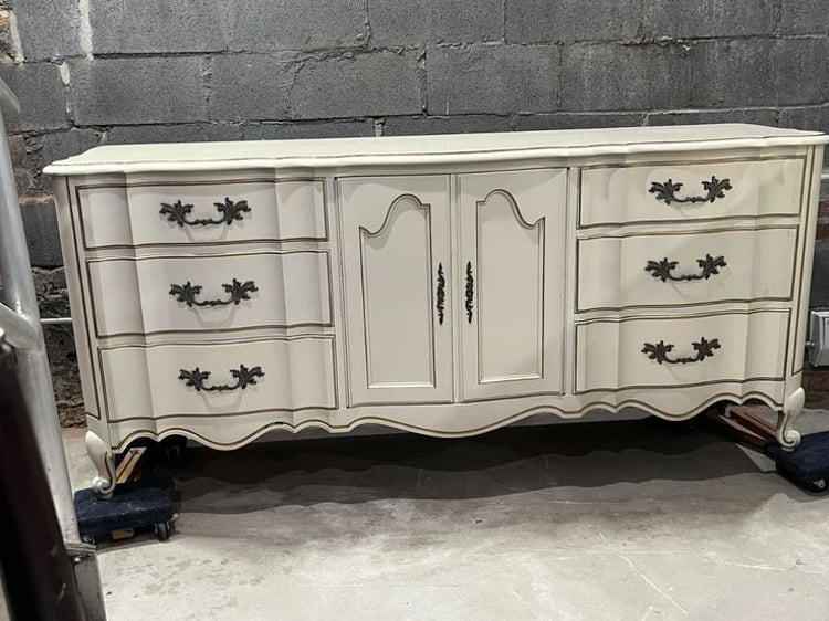 1970’s faux French dresser. 20” deep x 72” long x 32” high. Very heavy. It has an extra $50 delivery fee! Lots of storage!! 