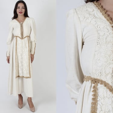 White Heart Label Gunne Sax Maxi Dress / Embroidered Renaissance Fair Gown / Lace Up Corset Jute Trim / Long Prairie Bridal Outfit 