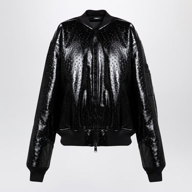 Balenciaga Black Leather Ostrich-Effect Bomber Jacket Women