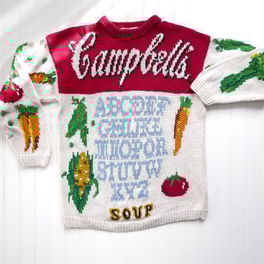 Eagle's Eye sweater 90s vintage Campbell's Alphabet Soup novelty print hand knit sweater 