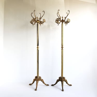 Pair / Couple Italian Ornate Brass Free Standing Coat Hat Racks  1960s Hollywood Regency Midcentury Coat Hat Rack Two Vintage Hall Stands 