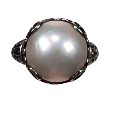 No Label - Sterling Silver w/ 18K Gold Side Detail & Large Pearl Center Ring Sz 9