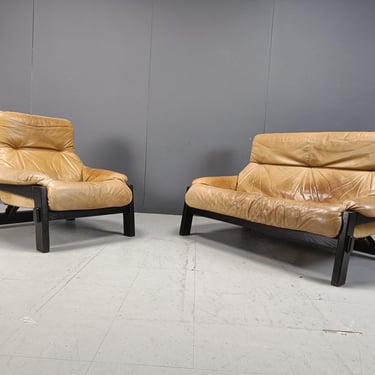 Vintage brutalist sofa set, 1960s - vintage leather sofa set - brutalist design sofa - vintage brazilian sofa set 