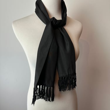 Vtg black tuxedo scarf Ascot~ thin fringed rayon 1940’s-50’s stylish Mens scarf 