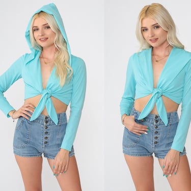 70s Hooded Top Aqua Blue Crop Top 1970s Hoodie Shirt Deep V Neck Long Sleeve Shirt Cropped Blouse Hippie Retro Plunge Disco Vintage Small S 