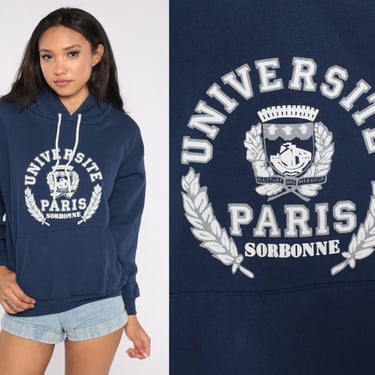 Sorbonne University Hoodie 90s Hooded Sweatshirt Universite De Paris Shirt Navy Blue College Graphic 90s Hood Sweater Vintage Retro Large L 