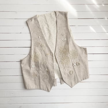 beige linen vest | 90s vintage grannycore crochet doily embroidered oversized vest 
