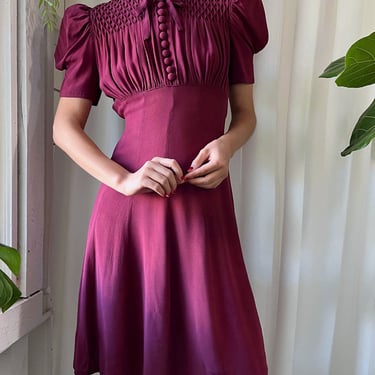 30s Smocked Merlot Day Dress